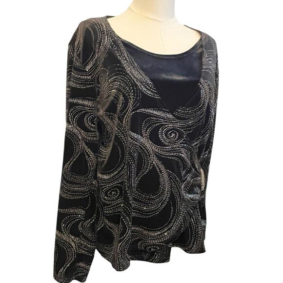 90s Black Velvet Top Womens L Shimmer 2pc Stretchy Elegant Glam NYE Y2K Girly - Picture 4 of 11